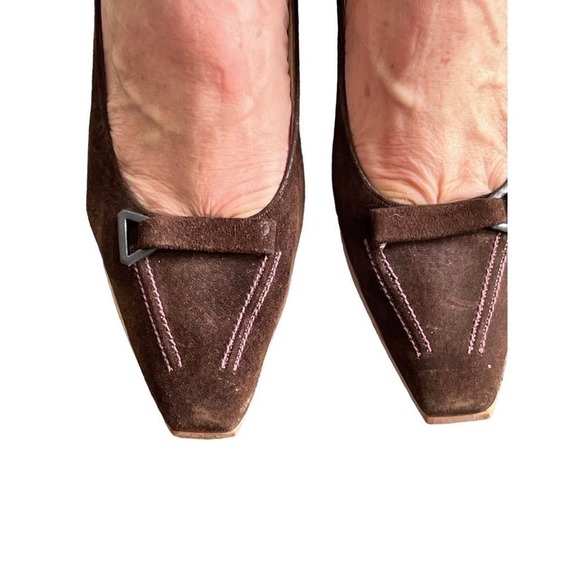 50s Delman VTG Brown Suede Ladies Pump Wood Heel Made in England Suede Sz 7-7.5 - Picture 2 of 11